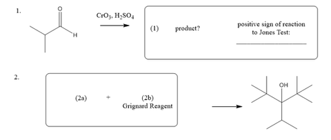 1.
2.
'H
(2a)
CrO3, H₂SO4
product?
(1)
(2b)
Grignard Reagent
positive sign of reaction
to Jones Test:
OH
-XX
