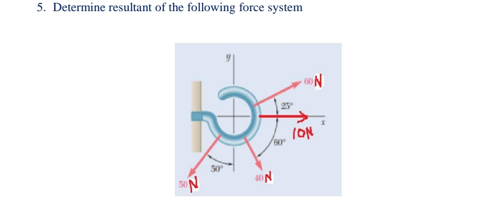 5. Determine resultant of the following force system
No
25
ION
60
50
50N
40N
