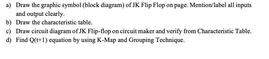 a) Draw the graphic symbol (block diagram) of JK Flip Flop on page. Mention/label all inputs
and output clearly.
b) Draw the characteristic table.
c) Draw circuit diagram of JK Flip-flop on circuit maker and verify from Characteristic Table.
d) Find Q(t+1) equation by using K-Map and Grouping Technique.
