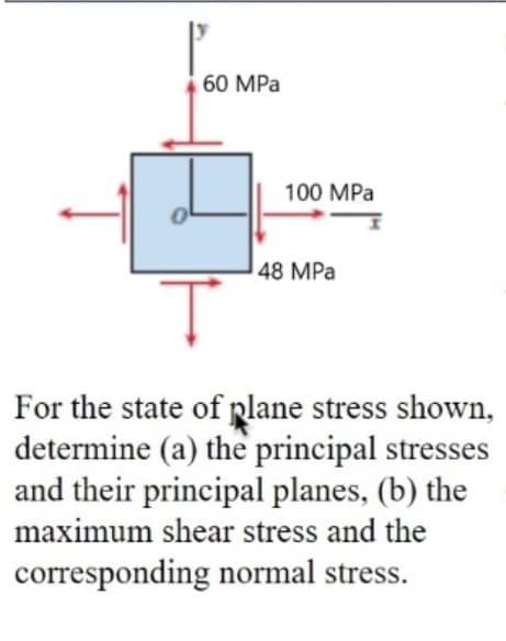 60 MPa
100 MPa
48 MPa
For the state of plane stress shown,
determine (a) the principal stresses
and their principal planes, (b) the
maximum shear stress and the
corresponding normal stress.
