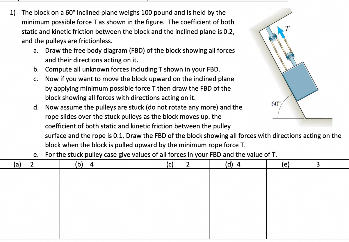 1) The block on a 60° inclined plane weighs 100 pound and is held by the
minimum possible force T as shown in the figure. The coefficient of both
static and kinetic friction between the block and the inclined plane is 0.2,
and the pulleys are frictionless.
T
а.
Draw the free body diagram (FBD) of the block showing all forces
and their directions acting on it.
b. Compute all unknown forces including T shown in your FBD.
Now if you want to move the block upward on the inclined plane
С.
by applying minimum possible force T then draw the FBD of the
block showing all forces with directions acting on it.
d. Now assume the pulleys are stuck (do not rotate any more) and the
60°
rope slides over the stuck pulleys as the block moves up. the
coefficient of both static and kinetic friction between the pulley
surface and the rope is 0.1. Draw the FBD of the block showing all forces with directions acting on the
block when the block is pulled upward by the minimum rope force T.
е.
For the stuck pulley case give values of all forces in your FBD and the value of T.
(a)
2
(b) 4
(c) 2
(d) 4
(e)
