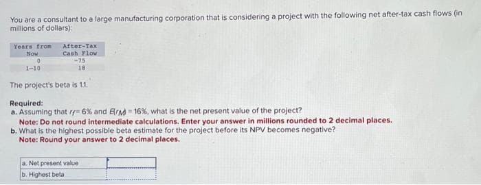 You are a consultant to a large manufacturing corporation that is considering a project with the following net after-tax cash flows (in
millions of dollars);
Years from
Now
0
1-10
After-Tax
Cash Flow
-75
18
The project's beta is 1.1.
Required:
a. Assuming that rf 6% and ErM)=16%, what is the net present value of the project?
Note: Do not round intermediate calculations. Enter your answer in millions rounded to 2 decimal places.
b. What is the highest possible beta estimate for the project before its NPV becomes negative?
Note: Round your answer to 2 decimal places.
a. Net present value
b. Highest beta