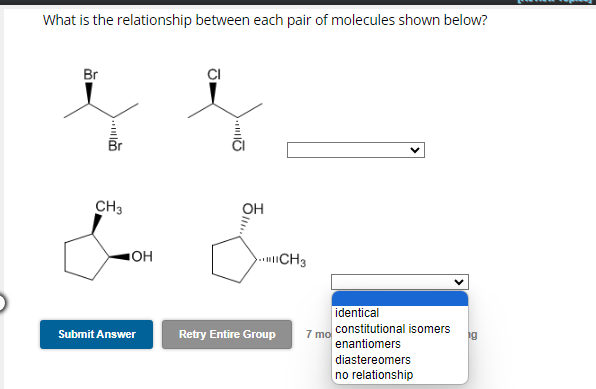 What is the relationship between each pair of molecules shown below?
Br
CH3
OH
Submit Answer
OH
''
Retry Entire Group
CH3
7 mo
identical
constitutional isomers
enantiomers
diastereomers
no relationship
19