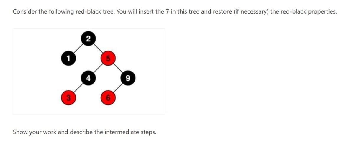 Consider the following red-black tree. You will insert the 7 in this tree and restore (if necessary) the red-black properties.
1
6
9
Show your work and describe the intermediate steps.