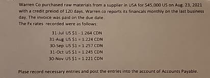 Warren Co purchased raw materials from a supplier in USA for $45,000 US on Aug. 23, 2021
with a credit preiod of 120 days. Warren co reports its financals monthly on the last business
day. The invoice was paid on the due date.
The Fx rates recorded were as follows:
31-Jul US $1 -1.264 CDN
31-Aug US $1 1.224 CDN
30-Sep US $1 = 1.257 CDN
31-Oct US $1 1.245 CDN
30-Nov US $1 = 1.221 CDN
Plase record necessary entries and post the entries into the account of Accounts Payable.