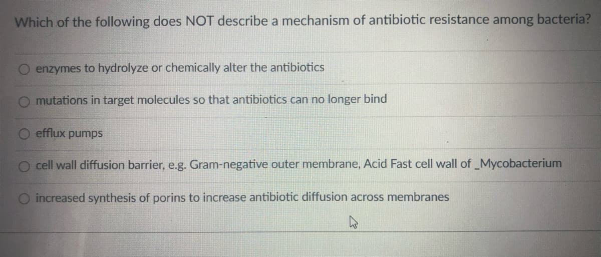 Which of the following does NOT describe a mechanism of antibiotic resistance among bacteria?
enzymes to hydrolyze or chemically alter the antibiotics
mutations in target molecules so that antibiotics can no longer bind
efflux pumps
cell wall diffusion barrier, e.g. Gram-negative outer membrane, Acid Fast cell wall of Mycobacterium
O increased synthesis of porins to increase antibiotic diffusion across membranes
