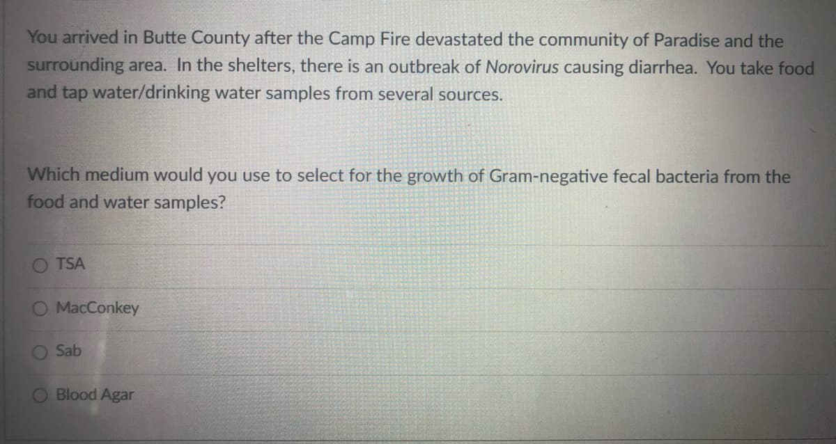 You arrived in Butte County after the Camp Fire devastated the community of Paradise and the
surrounding area. In the shelters, there is an outbreak of Norovirus causing diarhea. You take food
and tap water/drinking water samples from several sources.
Which medium would you use to select for the growth of Gram-negative fecal bacteria from the
food and water samples?
TSA
O MacConkey
Sab
Blood Agar
