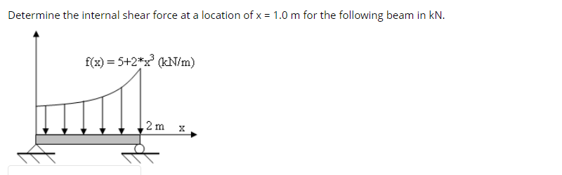 Determine the internal shear force at a location of x = 1.0 m for the following beam in kN.
f(x) = 5+2*x³ (kN/m)
1.
2 m