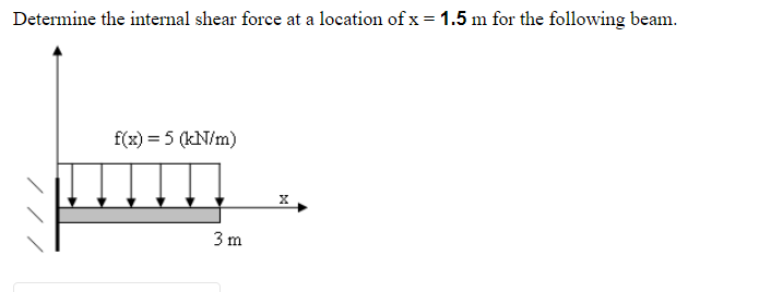 Determine the internal shear force at a location of x = 1.5 m for the following beam.
f(x) = 5 (kN/m)
3m
X