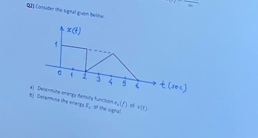 Q2) Consider the signal given below.
1
xx(t)
O
2 3
5
a) Determine energy density function e(f) of x(t).
b) Determine the energy E, of the signal.
t(sec)