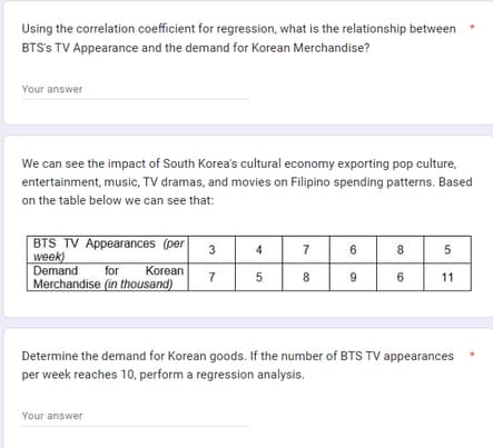Using the correlation coefficient for regression, what is the relationship between
BTS's TV Appearance and the demand for Korean Merchandise?
Your answer
We can see the impact of South Korea's cultural economy exporting pop culture,
entertainment, music, TV dramas, and movies on Filipino spending patterns. Based
on the table below we can see that:
BTS TV Appearances (per 3
week)
7
Demand for Korean
Merchandise (in thousand)
4
Your answer
5
7
8
6
9
8
6
5
11
Determine the demand for Korean goods. If the number of BTS TV appearances
per week reaches 10, perform a regression analysis.