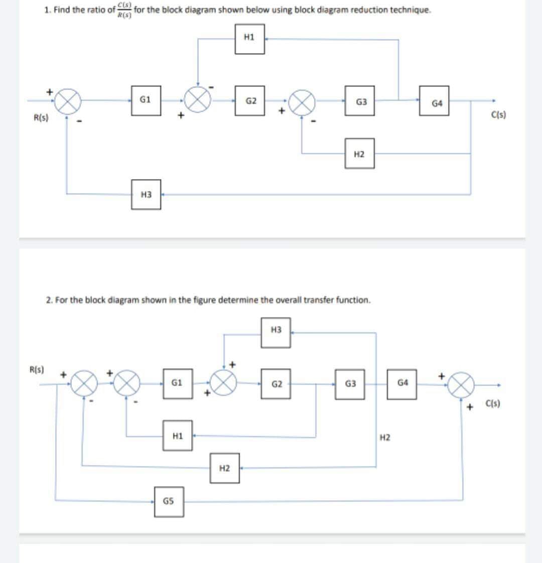 1. Find the ratio of
+
R(S)
R(S)
C(s)
for the block diagram shown below using block diagram reduction technique.
R(S)
+
G1
H3
+
G1
H1
GS
H1
2. For the block diagram shown in the figure determine the overall transfer function.
H2
G2
+
H3
G3
G2
H2
G3
H2
64
G4
+
C(s)
C(s)