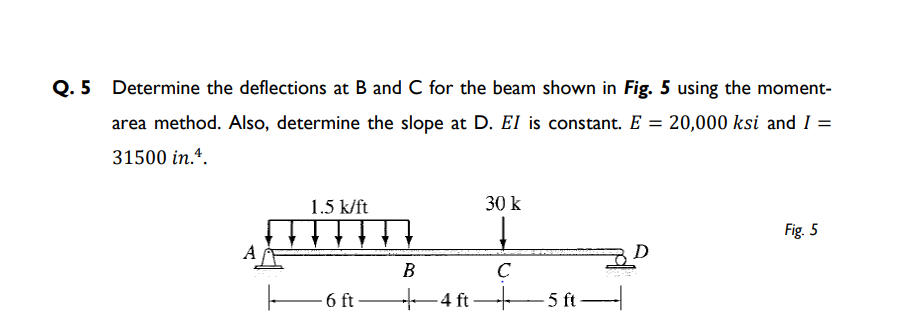 Q. 5 Determine the deflections at B and C for the beam shown in Fig. 5 using the moment-
area method. Also, determine the slope at D. El is constant. E = 20,000 ksi and I =
31500 in.4.
1.5 k/ft
30 k
↓↓↓↓
Fig. 5
A
B
C
6 ft 4 ft --
-5 ft-