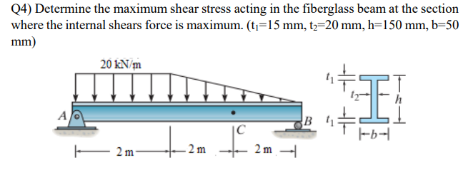 Q4) Determine the maximum shear stress acting in the fiberglass beam at the section
where the internal shears force is maximum. (tj=15 mm, t,=20 mm, h=150 mm, b=50
mm)
20 kN/m
A
-b-|
2 m
- 2 m
2 m -
