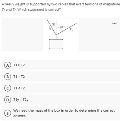 A heavy weight is supported by two cables that exert tensions of magnitude
T; and T2. Which statement is correct?
30
A T1> T2
B T1 = T2
T1< T2
Tly = T2y
We need the mass of the box in order to determine the correct
answer.
