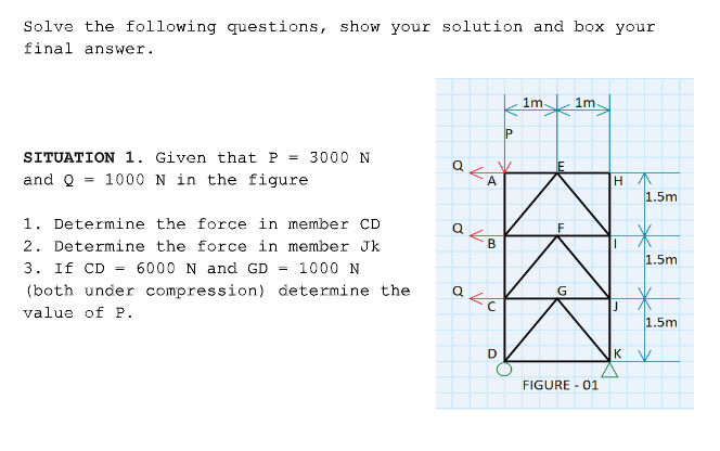 Solve the following questions, show your solution and box your
final answer.
1m 1m
P
SITUATION 1. Given that P
3000 N
and Q = 1000 N in the figure
HA
1.5m
A
1. Determine the force in member CD
2. Determine the force in member Jk
3. If CD = 6000 N and GD
B
1.5m
1000 N
%3D
(both under compression) determine the
G
value of P.
1.5m
K V
FIGURE - 01
