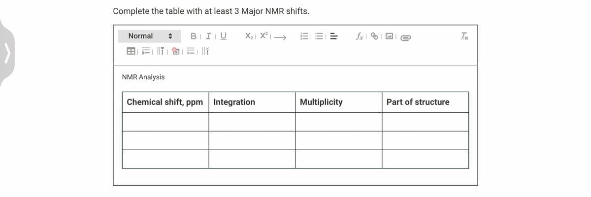 Complete the table with at least 3 Major NMR shifts.
Normal
NMR Analysis
BIU
X₂ X²-
Chemical shift, ppm Integration
Multiplicity
fxe
Part of structure
Tx