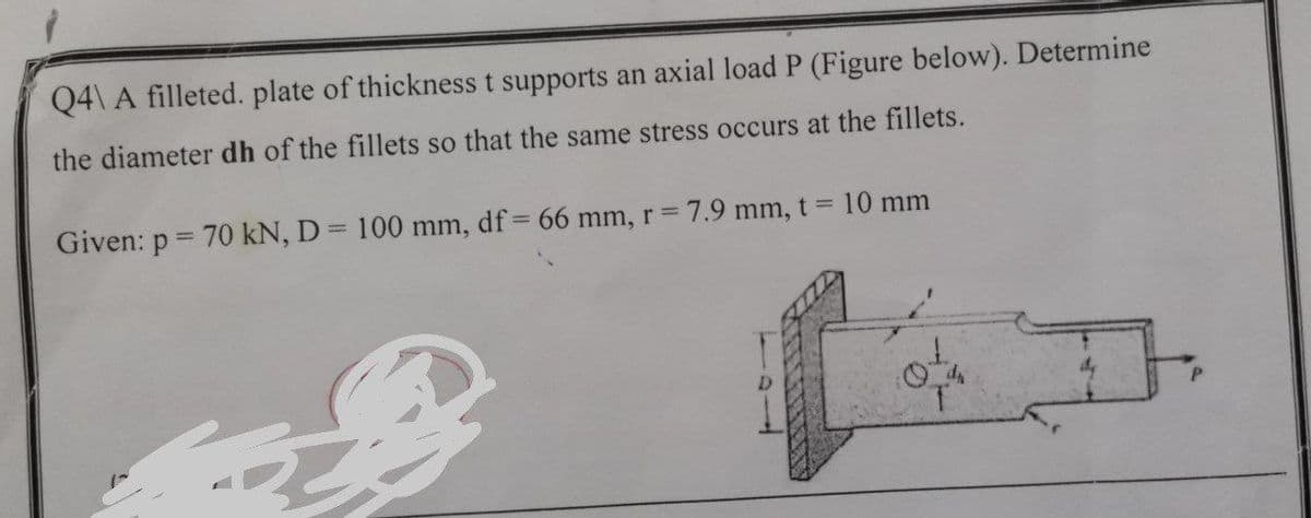 Q4\ A filleted. plate of thickness t supports an axial load P (Figure below). Determine
the diameter dh of the fillets so that the same stress occurs at the fillets.
Given: p = 70 kN, D = 100 mm, df = 66 mm, r = 7.9 mm, t = 10 mm
SPA
T