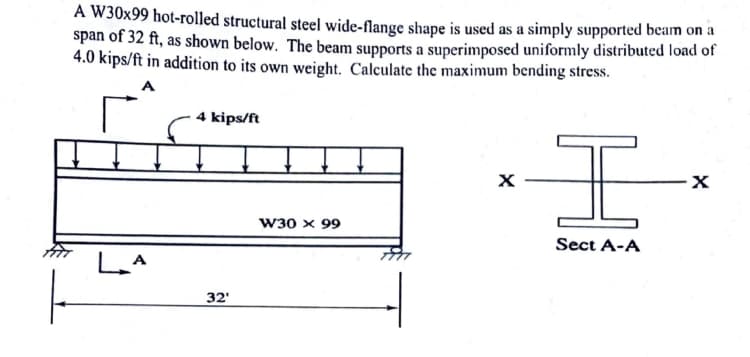 A W30x99 hot-rolled structural steel wide-flange shape is used as a simply supported beam on a
span of 32 ft, as shown below. The beam supports a superimposed uniformly distributed load of
4.0 kips/ft in addition to its own weight. Calculate the maximum bending stress.
4 kips/ft
LA
32'
I
W30 × 99
Sect A-A