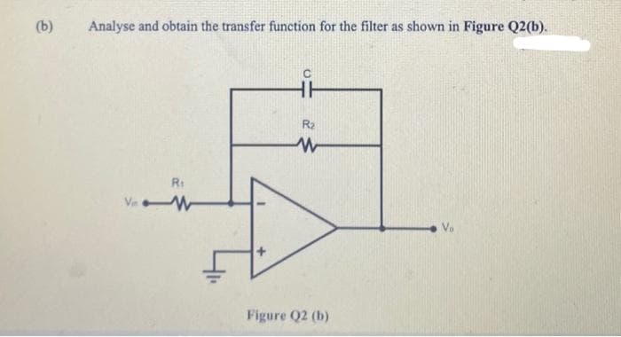 (b)
Analyse and obtain the transfer function for the filter as shown in Figure Q2(b).
R₁
VW
HH
R₂
W
Figure Q2 (b)