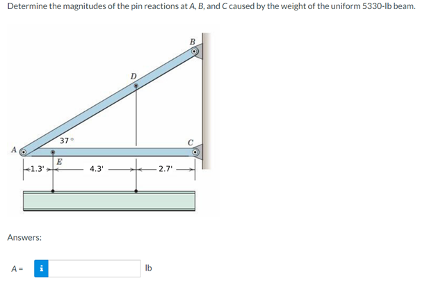 Determine the magnitudes of the pin reactions at A, B, and C caused by the weight of the uniform 5330-lb beam.
37°
E
e1.3'
4.3'
2.7'
Answers:
A =
i
lb
