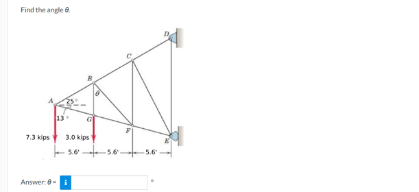 Find the angle 0.
B
25°
13
G
7.3 kips
3.0 kips
5.6'
5.6
5.6'
Answer: 0- i
