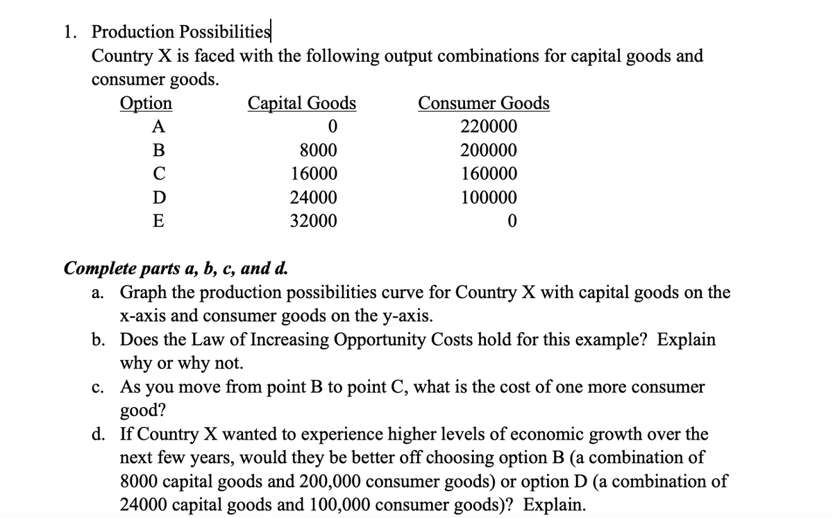 1. Production Possibilities
Country X is faced with the following output combinations for capital goods and
consumer goods.
Capital Goods
Option
ABCDE
8000
16000
24000
32000
Consumer Goods
220000
200000
160000
100000
Complete parts a, b, c, and d.
a. Graph the production possibilities curve for Country X with capital goods on the
x-axis and consumer goods on the y-axis.
b. Does the Law of Increasing Opportunity Costs hold for this example? Explain
why or why not.
c.
As you move from point B to point C, what is the cost of one more consumer
good?
d. If Country X wanted to experience higher levels of economic growth over the
next few years, would they be better off choosing option B (a combination of
8000 capital goods and 200,000 consumer goods) or option D (a combination of
24000 capital goods and 100,000 consumer goods)? Explain.