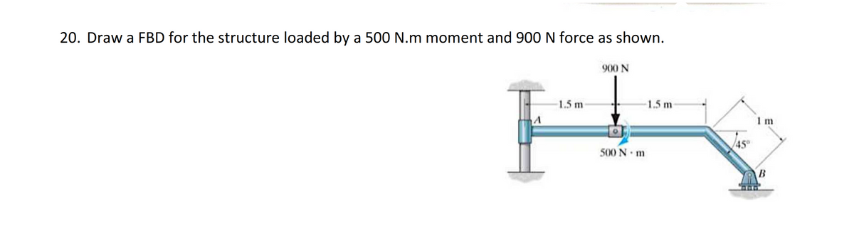20. Draw a FBD for the structure loaded by a 500 N.m moment and 900 N force as shown.
900 N
1.5 m-
-1.5 m
H
500 N·m
1 m
B