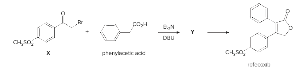 Br
COзн
Et,N
DBU
CH;SO2
phenylacetic acid
CH;SO2
х
rofecoxib
