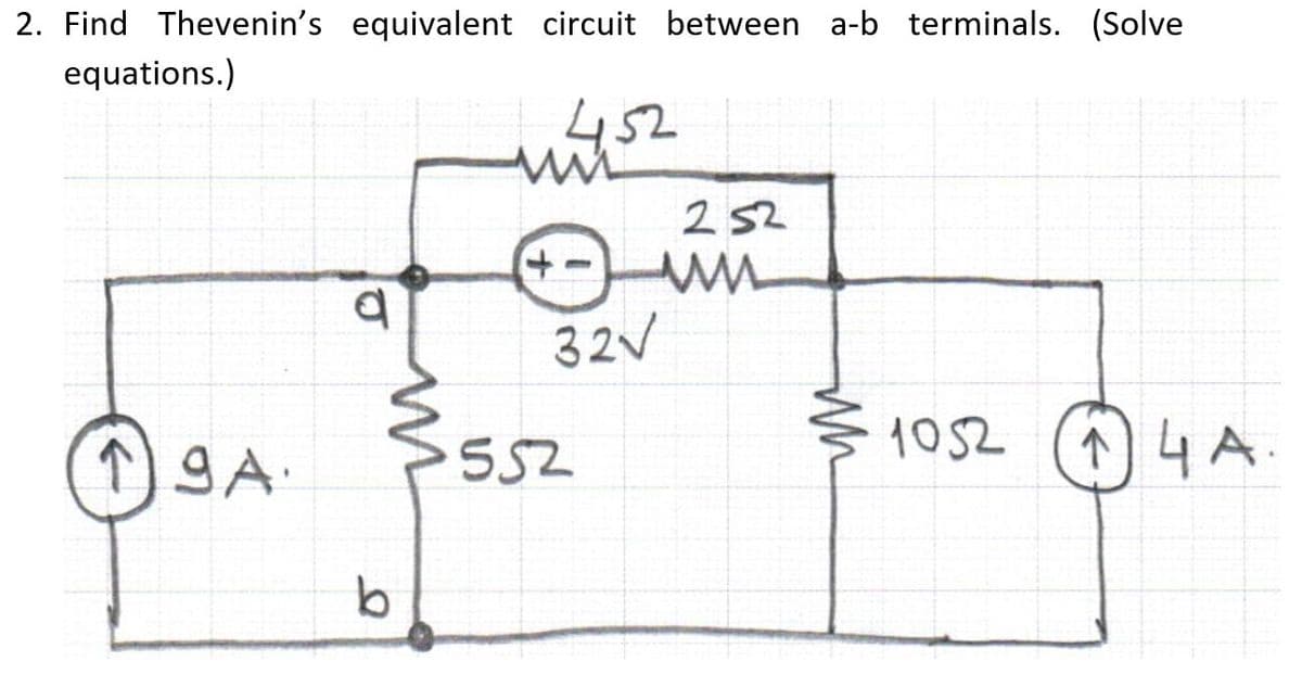 2. Find Thevenin's equivalent circuit between a-b terminals. (Solve
equations.)
452
252
32V
552
1052 (4) 4A
