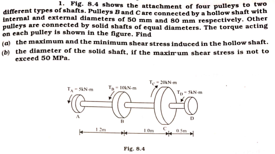 1. Fig. 8.4 shows the attachment of four pulleys to two
different types of shafts. Pulleys B and Care connected by a hollow shaft with
internal and external diameters of 50 mm and 80 mm respectively. Other
pulleys are connected by solid shafts of equal diameters. The torque acting
on each pulley is shown in the figure. Find
(a) the maximum and the minimum shear stress induced in the hollow shaft.
(b) the diameter of the solid shaft, if the maximum shear stress is not to
exceed 50 MPa.
T₁ = 5kN-m
K
1.2m
TB
= 10kN-m
B
*
Tc
Fig. 8.4
1.0m
= 20kN-m
TD-SkN-m
Go
D
с
0.5m
✈