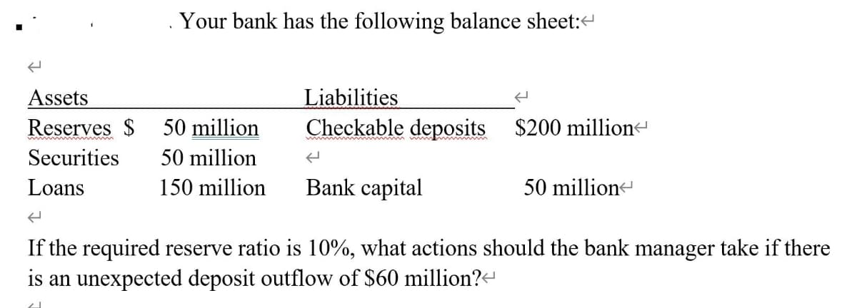 ←
Assets
Reserves $
Securities
Loans
Your bank has the following balance sheet:<
50 million
50 million
150 million
Liabilities
Checkable deposits $200 million
H
Bank capital
50 million
If the required reserve ratio is 10%, what actions should the bank manager take if there
is an unexpected deposit outflow of $60 million?<