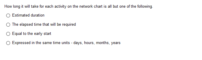 How long it will take for each activity on the network chart is all but one of the following.
Estimated duration
The elapsed time that will be required
Equal to the early start
O Expressed in the same time units - days, hours, months, years
