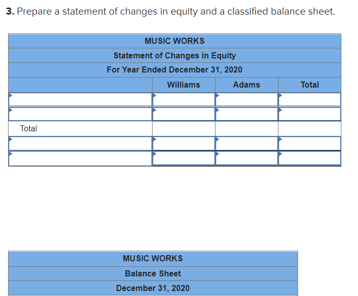 3. Prepare a statement of changes in equity and a classified balance sheet.
MUSIC WORKS
Statement of Changes in Equity
For Year Ended December 31, 2020
Williams
Adams
Total
Total
MUSIC WORKS
Balance Sheet
December 31, 2020
