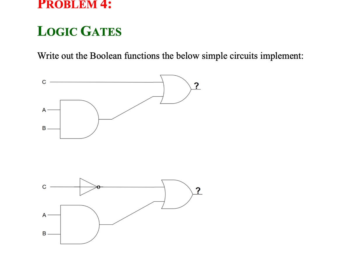 PROBLEM 4:
LOGIC GATES
Write out the Boolean functions the below simple circuits implement:
A
?.
A
В
