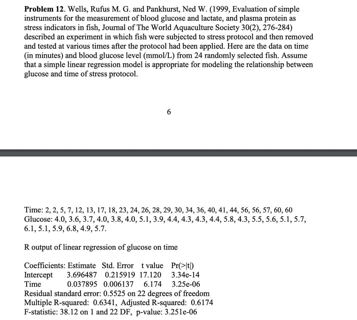 Problem 12. Wells, Rufus M. G. and Pankhurst, Ned W. (1999, Evaluation of simple
instruments for the measurement of blood glucose and lactate, and plasma protein as
stress indicators in fish, Journal of The World Aquaculture Society 30(2), 276-284)
described an experiment in which fish were subjected to stress protocol and then removed
and tested at various times after the protocol had been applied. Here are the data on time
(in minutes) and blood glucose level (mmol/L) from 24 randomly selected fish. Assume
that a simple linear regression model is appropriate for modeling the relationship between
glucose and time of stress protocol.
Time: 2, 2, 5, 7, 12, 13, 17, 18, 23, 24, 26, 28, 29, 30, 34, 36, 40, 41, 44, 56, 56, 57, 60, 60
Glucose: 4.0, 3.6, 3.7, 4.0, 3.8, 4.0, 5.1, 3.9, 4.4, 4.3, 4.3, 4.4, 5.8, 4.3, 5.5, 5.6, 5.1, 5.7,
6.1, 5.1, 5.9, 6.8, 4.9, 5.7.
R output of linear regression of glucose on time
Coefficients: Estimate Std. Error t value Pr(>|t|)
Intercept 3.696487 0.215919 17.120 3.34e-14
Time
0.037895 0.006137 6.174 3.25e-06
Residual standard error: 0.5525 on 22 degrees of freedom
Multiple R-squared: 0.6341, Adjusted R-squared: 0.6174
F-statistic: 38.12 on 1 and 22 DF, p-value: 3.251e-06