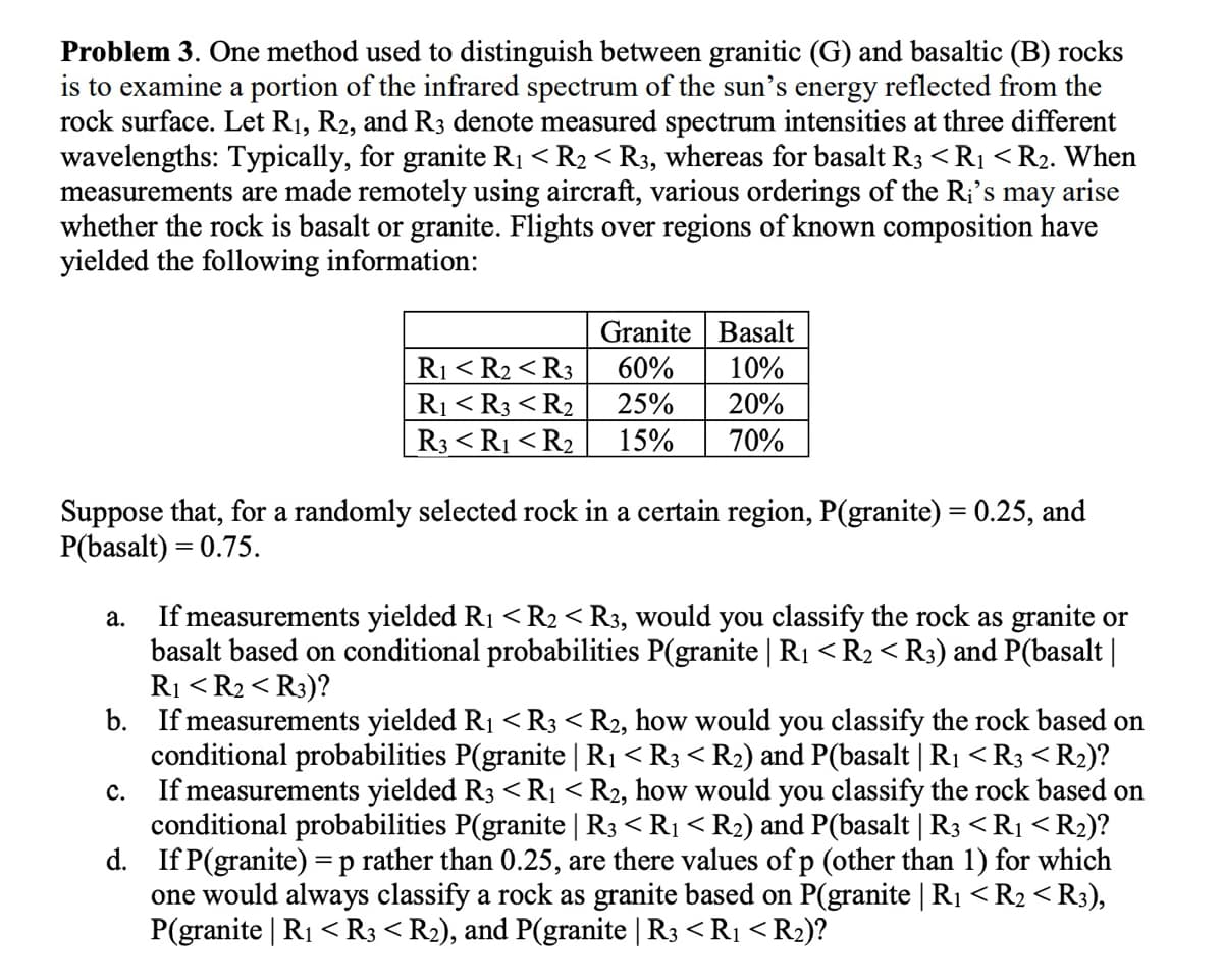 Problem 3. One method used to distinguish between granitic (G) and basaltic (B) rocks
is to examine a portion of the infrared spectrum of the sun's energy reflected from the
rock surface. Let R1, R2, and R3 denote measured spectrum intensities at three different
wavelengths: Typically, for granite R₁ < R2 < R3, whereas for basalt R3 <R₁ <R2. When
measurements are made remotely using aircraft, various orderings of the Ri's may arise
whether the rock is basalt or granite. Flights over regions of known composition have
yielded the following information:
Granite Basalt
R1 < R2 < R3
60%
10%
R1 < R3 < R2
25%
20%
R3 <R1 <R2
15%
70%
Suppose that, for a randomly selected rock in a certain region, P(granite) = 0.25, and
P(basalt) = 0.75.
a.
If measurements yielded R₁ < R2 < R3, would you classify the rock as granite or
basalt based on conditional probabilities P(granite | R₁ <R2 < R3) and P(basalt |
R1 < R2 < R3)?
b. If measurements yielded R₁ < R3 < R2, how would you classify the rock based on
conditional probabilities P(granite | R1 < R3 < R2) and P(basalt | R1 < R3 <R2)?
C. If measurements yielded R3 < R₁ < R2, how would you classify the rock based on
conditional probabilities P(granite | R3 < R1 < R2) and P(basalt | R3 <R1 < R2)?
d. If P(granite) = p rather than 0.25, are there values of p (other than 1) for which
one would always classify a rock as granite based on P(granite | R1 < R2 < R3),
P(granite | R₁ < R3 < R2), and P(granite | R3 <R₁ <R2)?