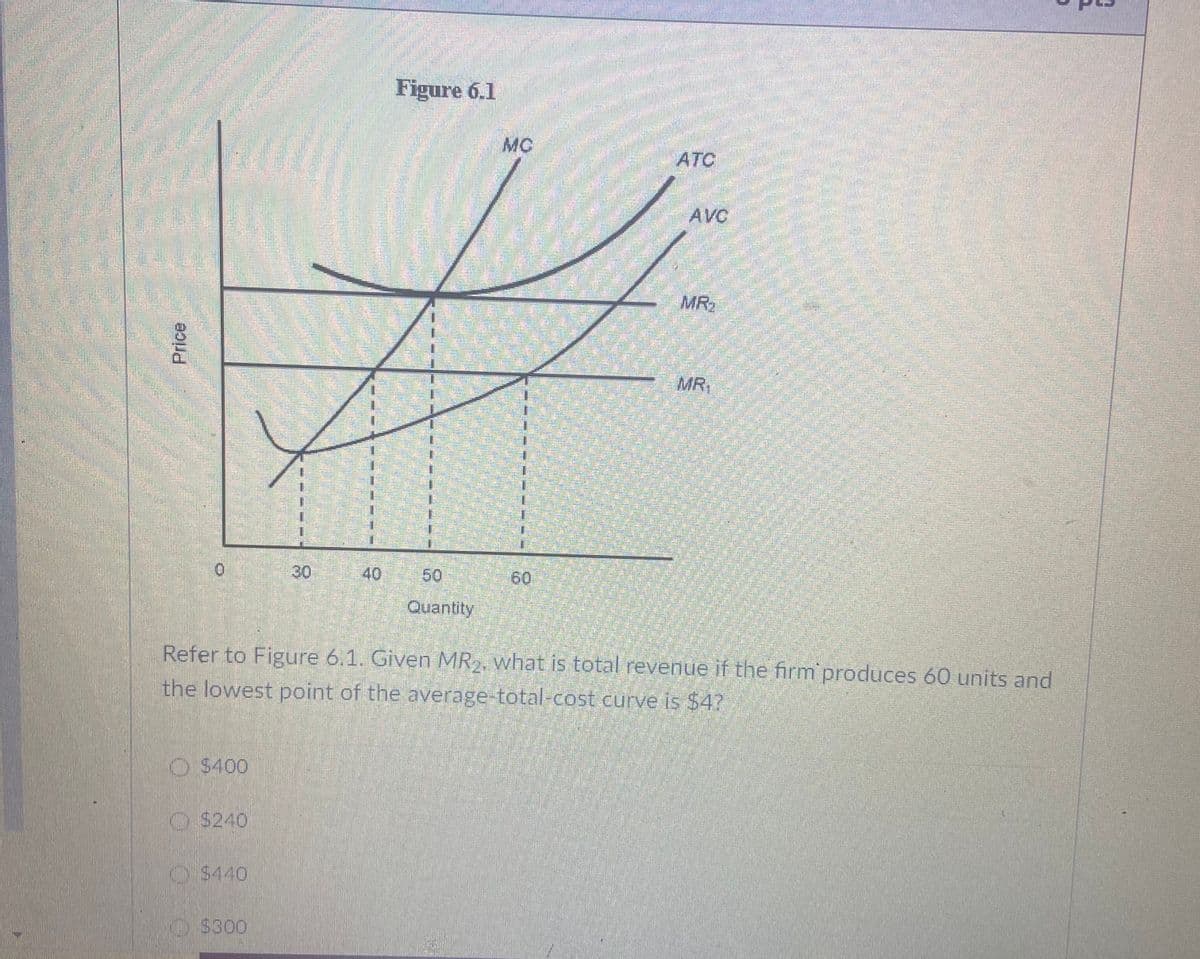 Figure 6.1
MC
ATC
AVC
MR2
MR,
30
40 50
60
Quantity
Refer to Figure 6.1. Given MR2, what is total revenue if the firm produces 60 units and
the lowest point of the average-total-cost curve is $4?
O $400
O$240
O$440
O S300
