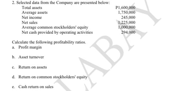 2. Selected data from the Company are presented below:
P1,600,000
1,750,000
245,000
1,225,000
1,000,000
294,000
Total assets
Average assets
Net income
Net sales
Average common stockholders' equity
Net cash provided by operating activities
Calculate the following profitability ratios.
a. Profit margin
b. Asset turnover
c. Return on assets
d. Return on common stockholders' equity
e. Cash return on sales
ABA
