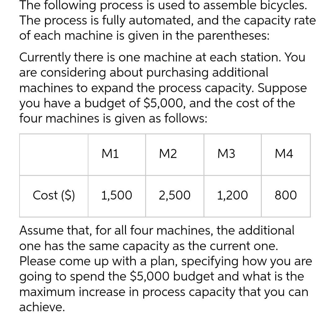 The following process is used to assemble bicycles.
The process is fully automated, and the capacity rate
of each machine is given in the parentheses:
Currently there is one machine at each station. You
are considering about purchasing additional
machines to expand the process capacity. Suppose
you have a budget of $5,000, and the cost of the
four machines is given as follows:
M1
M2
M3
M4
Cost ($)
1,500
2,500
1,200
800
Assume that, for all four machines, the additional
one has the same capacity as the current one.
Please come up with a plan, specifying how you are
going to spend the $5,000 budget and what is the
maximum increase in process capacity that you can
achieve.
