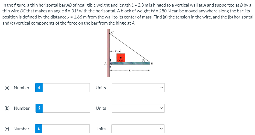 In the figure, a thin horizontal bar AB of negligible weight and length L = 2.3 m is hinged to a vertical wall at A and supported at B by a
thin wire BC that makes an angle e = 31° with the horizontal. A block of weight W = 280 N can be moved anywhere along the bar; its
position is defined by the distance x = 1.66 m from the wall to its center of mass. Find (a) the tension in the wire, and the (b) horizontal
and (c) vertical components of the force on the bar from the hinge at A.
com
A.
B
(a) Number
i
Units
(b) Number
i
Units
(c) Number
i
Units
