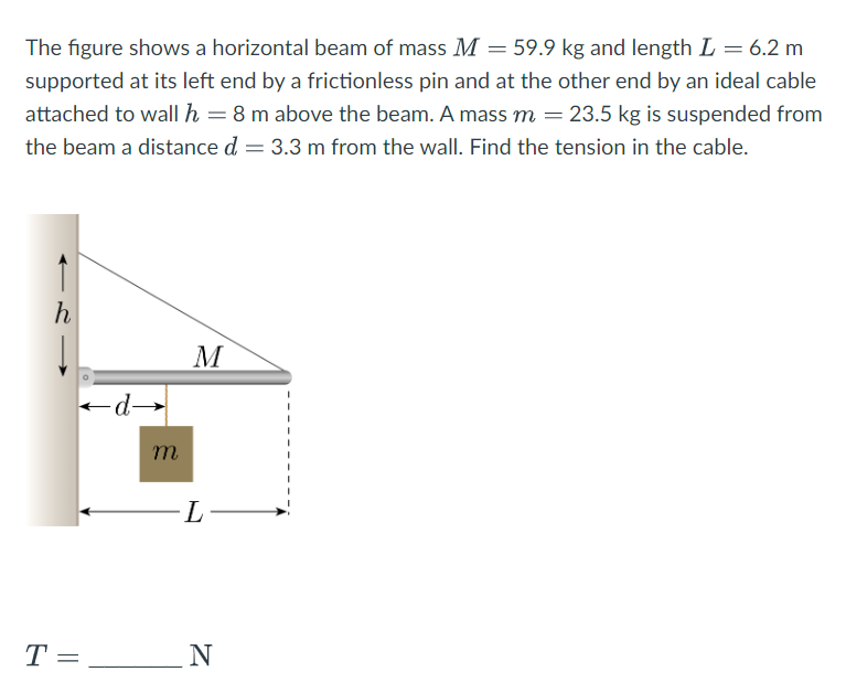 The figure shows a horizontal beam of mass M = 59.9 kg and length L = 6.2 m
supported at its left end by a frictionless pin and at the other end by an ideal cable
attached to wall h = 8 m above the beam. A mass m = 23.5 kg is suspended from
the beam a distance d = 3.3 m from the wall. Find the tension in the cable.
h
T =
←d→
m
M
-L-
N