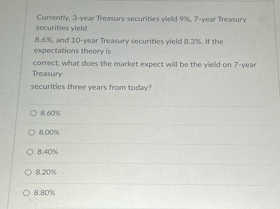 Currently, 3-year Treasury securities yield 9%, 7-year Treasury
securities yield
8.6%, and 10-year Treasury securities yield 8.3%. If the
expectations theory is
correct, what does the market expect will be the yield on 7-year
Treasury
securities three years from today?
O 8.60%
O 8.00%
O 8.40%
O 8.20%
O 8.80%