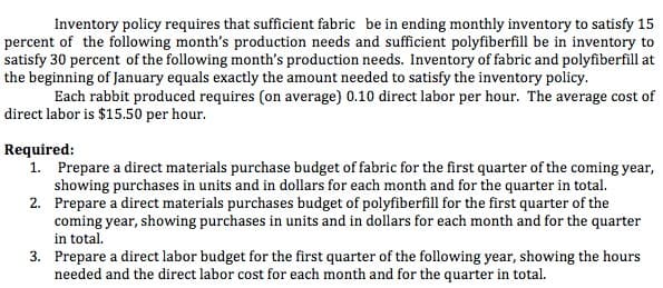 Inventory policy requires that sufficient fabric be in ending monthly inventory to satisfy 15
percent of the following month's production needs and sufficient polyfiberfill be in inventory to
satisfy 30 percent of the following month's production needs. Inventory of fabric and polyfiberfill at
the beginning of January equals exactly the amount needed to satisfy the inventory policy.
Each rabbit produced requires (on average) 0.10 direct labor per hour. The average cost of
direct labor is $15.50 per hour.
Required:
1. Prepare a direct materials purchase budget of fabric for the first quarter of the coming year,
showing purchases in units and in dollars for each month and for the quarter in total.
2. Prepare a direct materials purchases budget of polyfiberfill for the first quarter of the
coming year, showing purchases in units and in dollars for each month and for the quarter
in total.
3. Prepare a direct labor budget for the first quarter of the following year, showing the hours
needed and the direct labor cost for each month and for the quarter in total.
