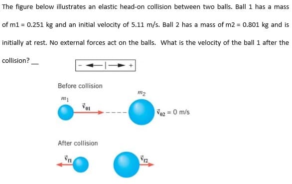 The figure below illustrates an elastic head-on collision between two balls. Ball 1 has a mass
of m1 = 0.251 kg and an initial velocity of 5.11 m/s. Ball 2 has a mass of m2 = 0.801 kg and is
initially at rest. No external forces act on the balls. What is the velocity of the ball 1 after the
collision?
Before collision
m2
m1
Vo2 = 0 m/s
After collision
