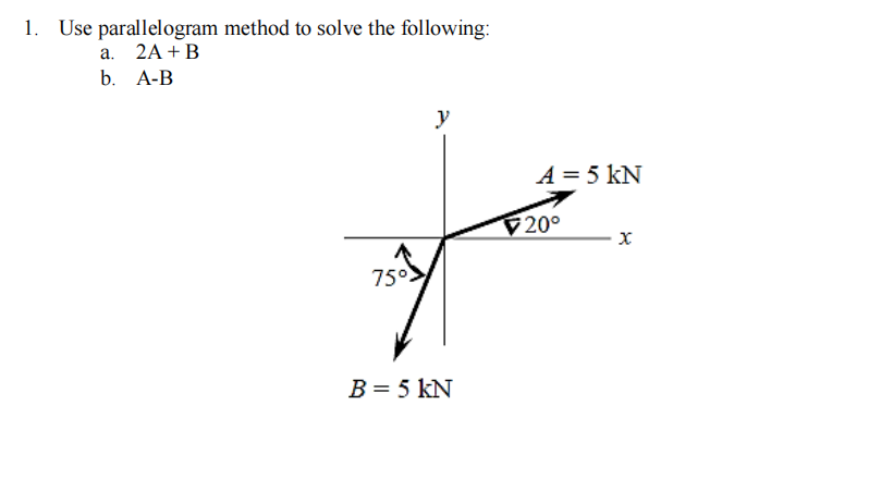 1. Use parallelogram method to solve the following:
a. 2A + B
b. А-B
y
A = 5 kN
20°
75°
B = 5 kN
