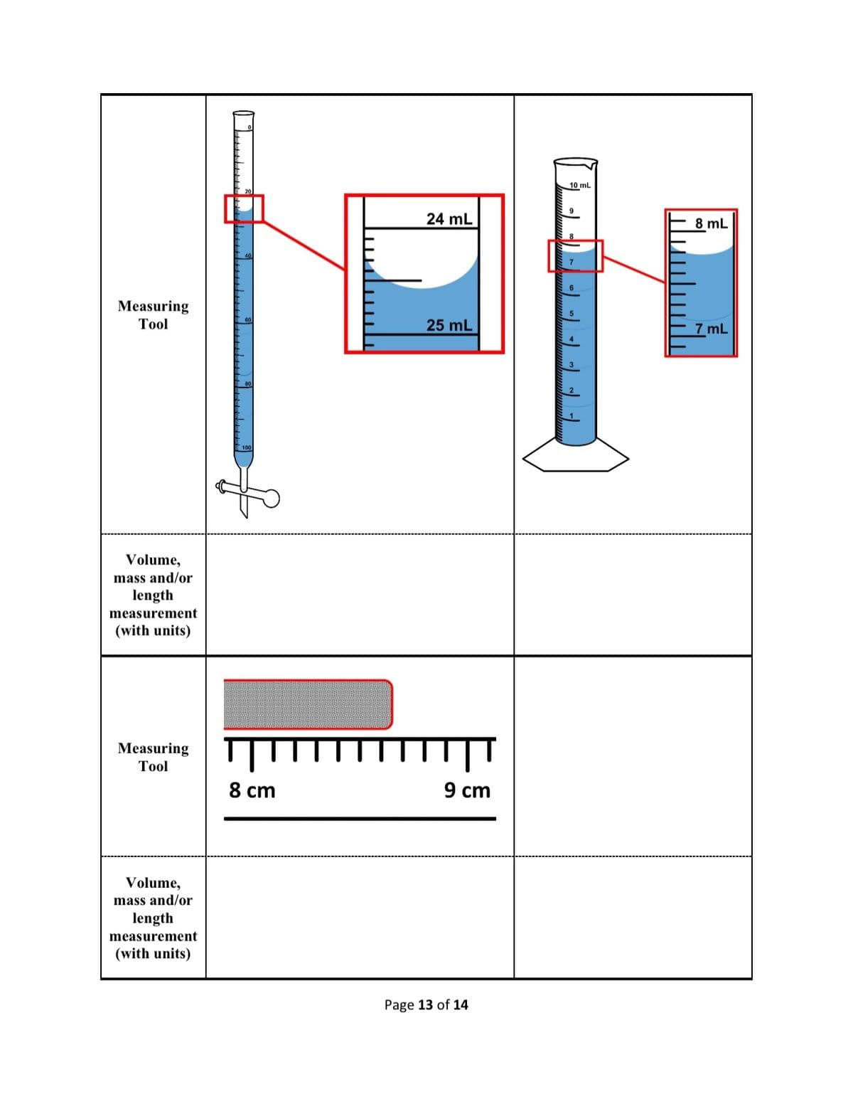 10 mL
9
24 mL
8 mL
7
Measuring
Тool
25 mL
7 mL
Volume,
mass and/or
length
measurement
(with units)
Measuring
Тol
8 cm
9 cm
Volume,
mass and/or
length
measurement
(with units)
Page 13 of 14
