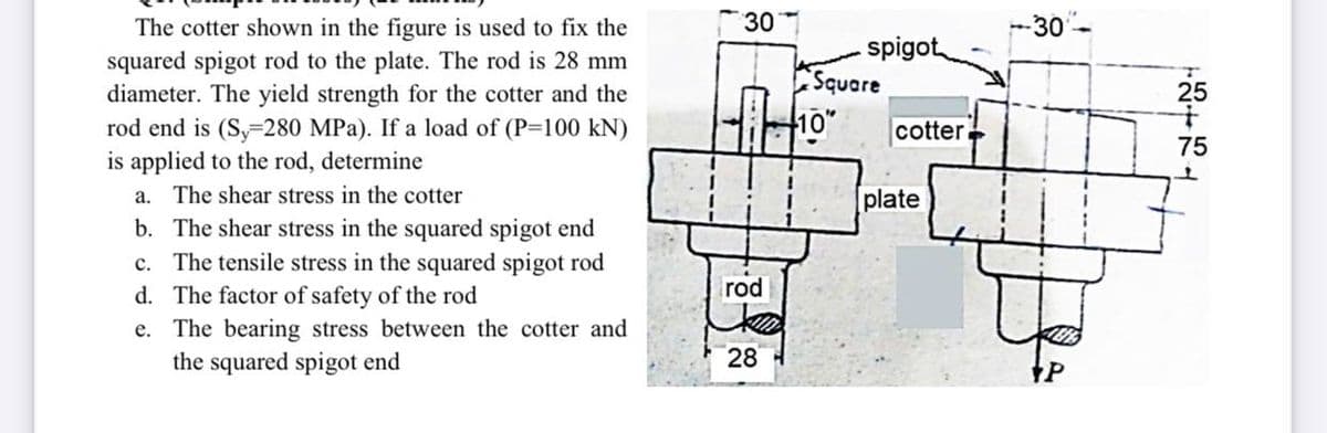 30
-30
The cotter shown in the figure is used to fix the
squared spigot rod to the plate. The rod is 28 mm
diameter. The yield strength for the cotter and the
rod end is (Sy=280 MPa). If a load of (P=100 kN)
is applied to the rod, determine
spigot
Square
25
10"
cotter
75
a. The shear stress in the cotter
plate
b. The shear stress in the squared spigot end
c. The tensile stress in the squared spigot rod
d. The factor of safety of the rod
e. The bearing stress between the cotter and
the squared spigot end
rod
28
