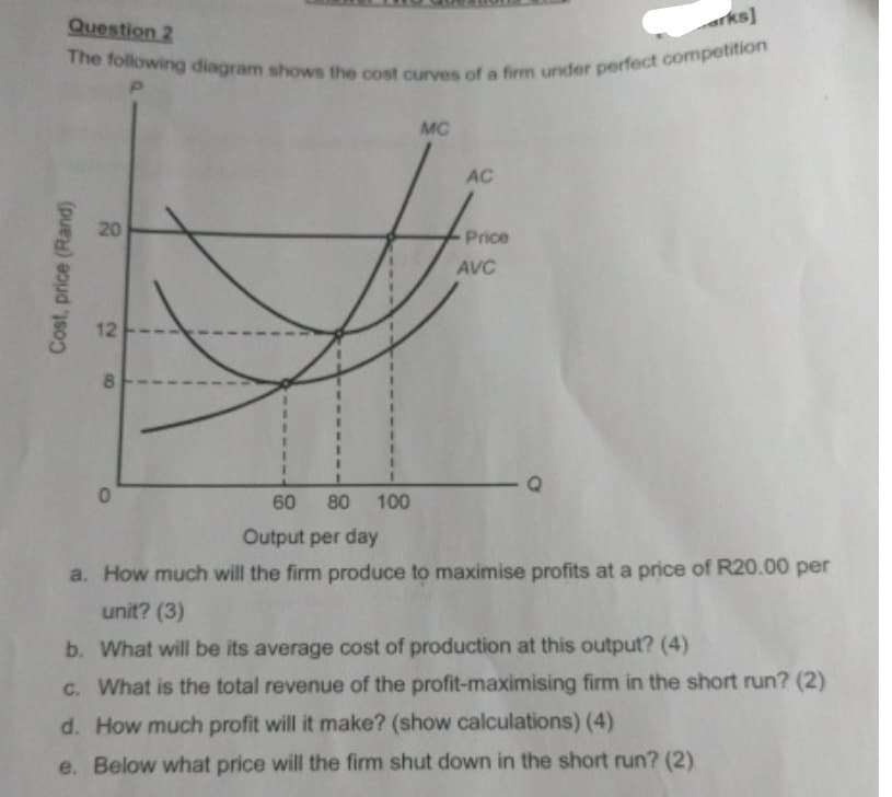 Cost, price (Rand)
0
arks]
Question 2
The following diagram shows the cost curves of a firm under perfect competition
20
20
12
8
60 80 100
MC
AC
Price
AVC
Output per day
a. How much will the firm produce to maximise profits at a price of R20.00 per
unit? (3)
b. What will be its average cost of production at this output? (4)
c. What is the total revenue of the profit-maximising firm in the short run? (2)
d. How much profit will it make? (show calculations) (4)
e. Below what price will the firm shut down in the short run? (2)