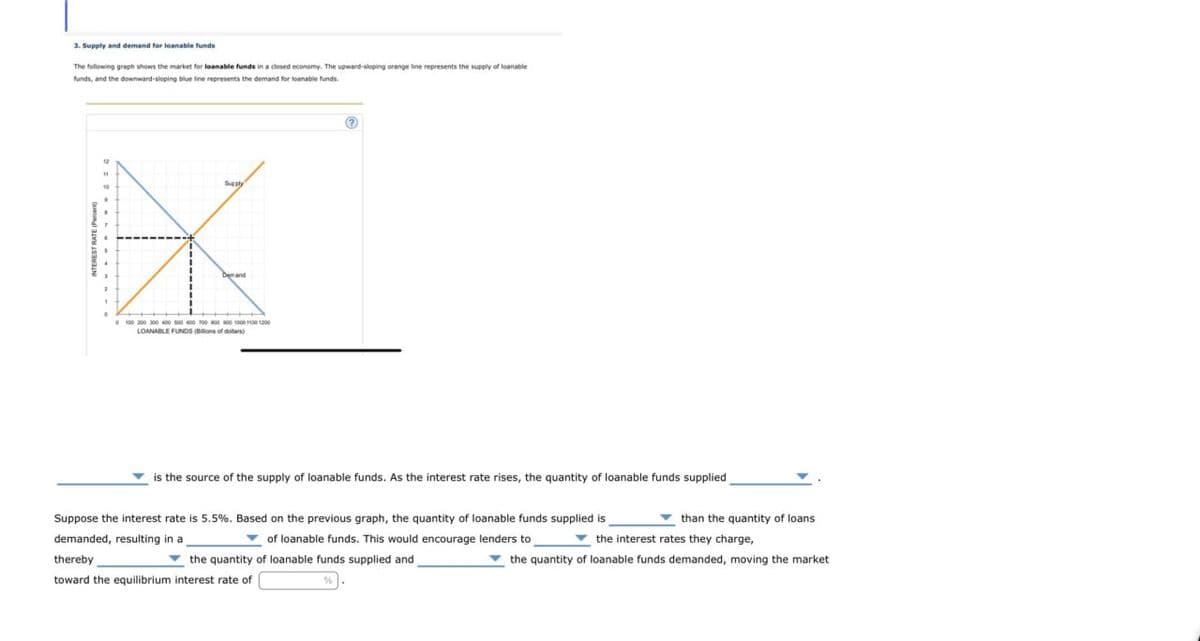 3. Supply and demand for loanable funds
The following graph shows the market for loanable funds in a closed economy. The upward-sloping orange line represents the supply of loanable
funds, and the downward-sloping blue line represents the demand for loanable funds.
Supply
Demand
100 200 300 400 500 600 700 800 900 1000 1100 1200
LOANABLE FUNDS (Bons of dollars)
is the source of the supply of loanable funds. As the interest rate rises, the quantity of loanable funds supplied
than the quantity of loans
the interest rates they charge,
the quantity of loanable funds demanded, moving the market
Suppose the interest rate is 5.5%. Based on the previous graph, the quantity of loanable funds supplied is
demanded, resulting in a
of loanable funds. This would encourage lenders to
thereby
the quantity of loanable funds supplied and
toward the equilibrium interest rate of
%